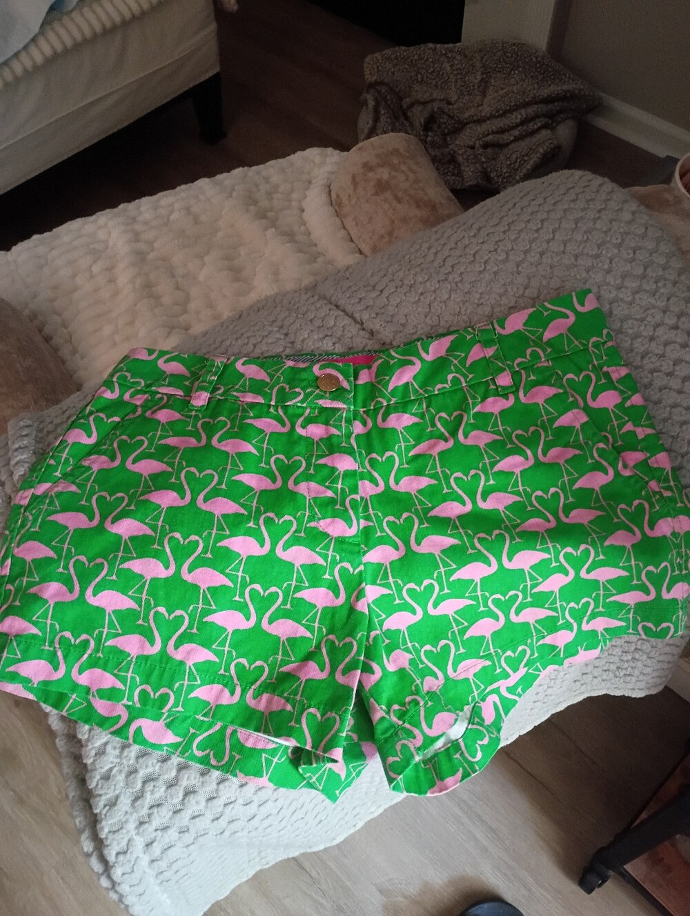 Pink Flamingo On Green Shorts